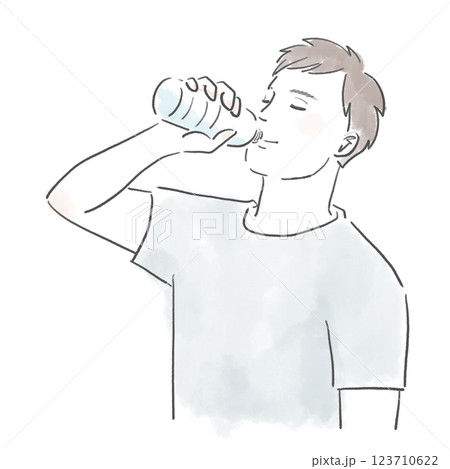 熱中症対策でペットボトルに入った水を飲んでいる健康的な男性のイラスト 123710622
