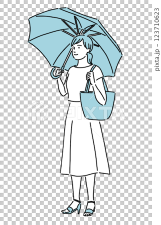 夏季一位美麗女子身穿藍色連身裙,手拿陽傘,面帶微笑插圖 夏季一位美麗女子身穿藍色連身裙,手拿陽傘,面帶微笑插圖 123710623