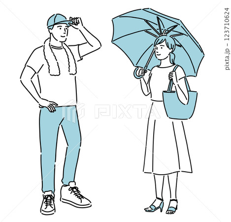 熱中症対策をする若い男女のイラスト 123710624