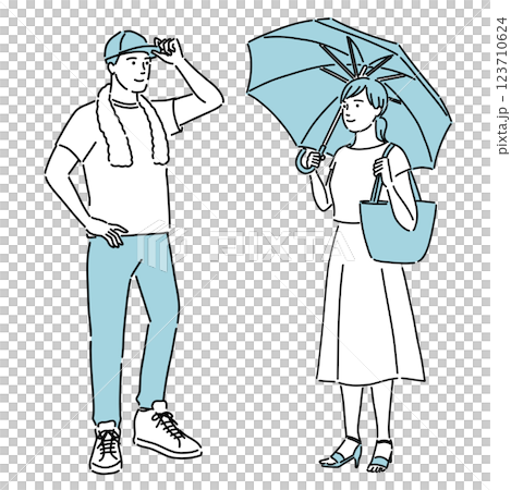 熱中症対策をする若い男女のイラスト 123710624