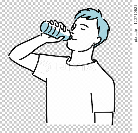 Illustration of a healthy man drinking water from a plastic bottle to prevent heatstroke 123710625