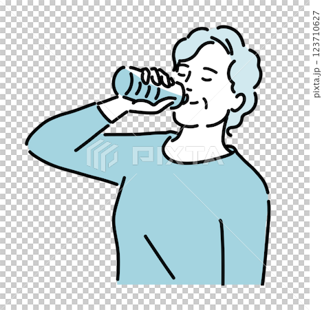 Illustration of a healthy gray-haired senior woman drinking bottled water to prevent heatstroke 123710627