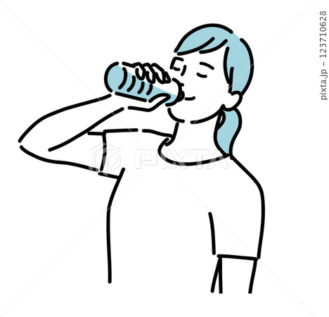 熱中症対策でペットボトルに入った水を飲む健康的な女性のイラスト 123710628