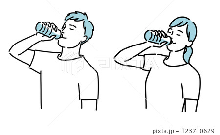 熱中症予防でペットボトルに入った水を飲む健康的な男女のイラスト 熱中症予防でペットボトルに入った水を飲む健康的な男女のイラスト 123710629