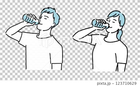 熱中症予防でペットボトルに入った水を飲む健康的な男女のイラスト 熱中症予防でペットボトルに入った水を飲む健康的な男女のイラスト 123710629