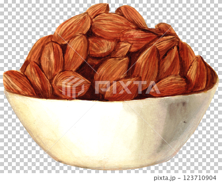 A mountain of almonds in a bowl, watercolor material 123710904