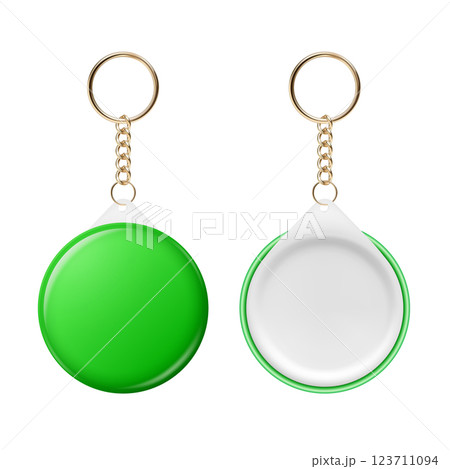 Vector 3d Realistic Round Keychain, Design Template for Printing, Mockup. Round Blank Keychain Design Element for Promo, Souvenir, Prints or Logos. ID Badge Vector Illustration, Front, Back Side View Vector 3d Realistic Round Keychain, Design Template for Printing, Mockup. Round Blank Keychain Design Element for Promo, Souvenir, Prints or Logos. ID Badge Vector Illustration, Front, Back Side View 123711094