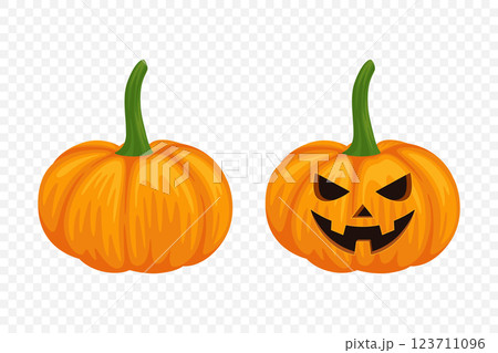 Vector Cartoon Pumpkins Collection with Carved Faces. Flat Colorful Pumpkin Stickers Set. Design Templates for Halloween, Fall, Harvest. Cute and Fun Simple Pumpkin Illustrations 123711096