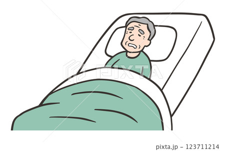 半座位呼吸、ファウラー位でベッドに寝ている高齢男性 123711214