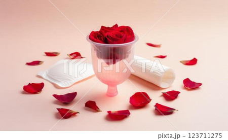 生理用ナプキン、タンポン、月経カップなど生理用品が並べられた3Dイラスト 123711275