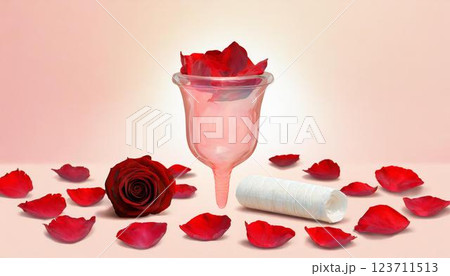 生理用タンポン、月経カップなど生理用品が並べられた3Dイラスト 123711513