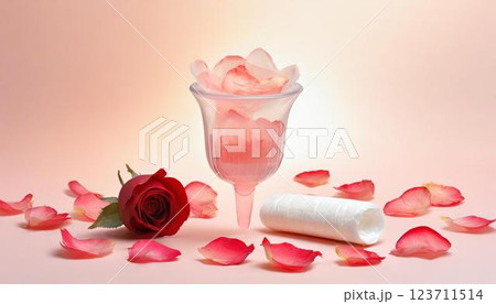 生理用タンポン、月経カップなど生理用品が並べられた3Dイラスト 123711514