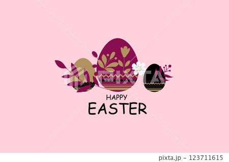 Elegant Happy Easter Greeting Card with Decorative Eggs and Floral Elements on a Pink 123711615