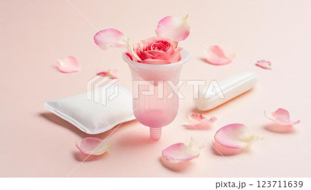 生理用ナプキン、タンポン、月経カップなど生理用品が並べられた3Dイラスト 生理用ナプキン、タンポン、月経カップなど生理用品が並べられた3Dイラスト 123711639