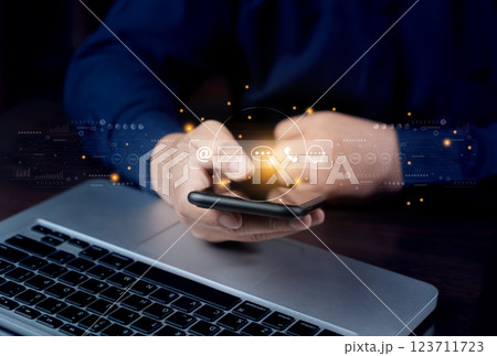Contact us or the customer support hotline to connect. Businessman touching on virtual screen contact icons. Connecting line, email, AI chat, internet. Contact us or the customer support hotline to connect. Businessman touching on virtual screen contact icons. Connecting line, email, AI chat, internet. 123711723