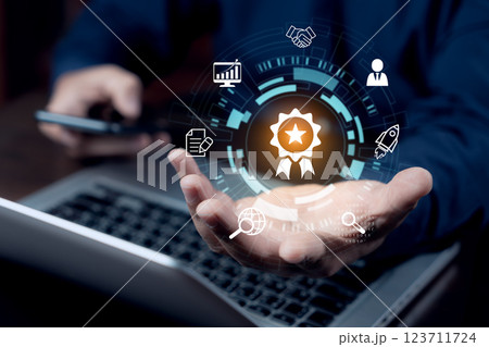 Business people holding a sign of the top service quality assurance. Leading services ISO Certification Document Management System. The best quality assurance. Business people holding a sign of the top service quality assurance. Leading services ISO Certification Document Management System. The best quality assurance. 123711724