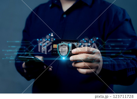 Credit card cybersecurity and privacy to protect data. Businessman protecting personal information. Fingerprint lock icon and internet network security technology. 123711728