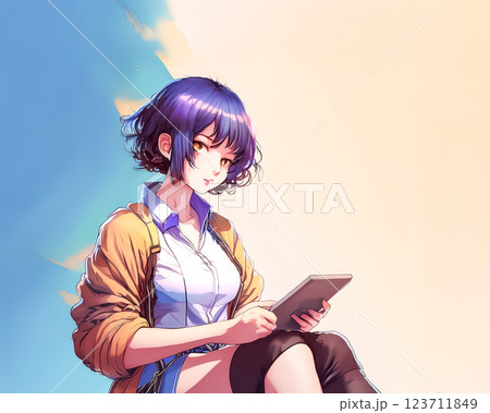 タブレットを使う女性のイラスト素材 タブレットを使う女性のイラスト素材 123711849