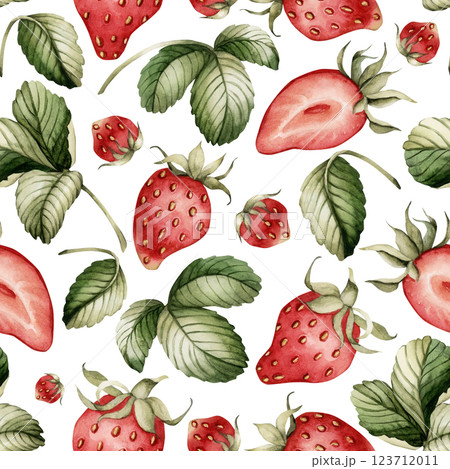 Strawberry with leaves. Watercolor food floral seamless pattern on white background with garden berry for delicious summer fabric, kitchen table textile, cute wrapping paper, food or cosmetic package 123712011