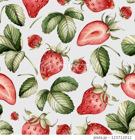 Strawberry with leaves. Watercolor food floral seamless pattern on blue background with garden berry for delicious summer fabric, kitchen table textile, cute wrapping paper, food or cosmetic package 123712012