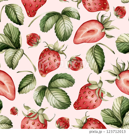 Strawberry with leaves. Watercolor food floral seamless pattern on pale pink background with garden berry for delicious summer fabric, kitchen table textile, cute wrapping paper, food cosmetic package 123712013