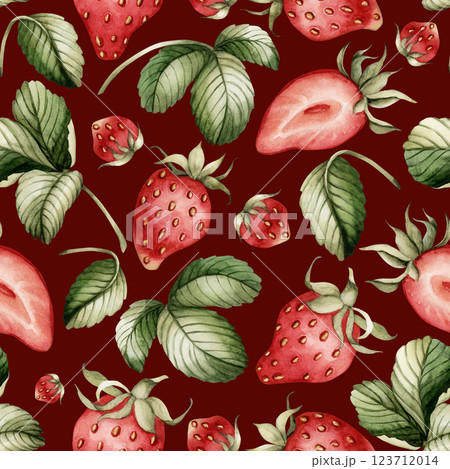 Strawberry with leaves. Watercolor food floral seamless pattern on dark burgundy background with garden berry for delicious summer fabric, kitchen table textile, cute wrapping paper, cosmetic package Strawberry with leaves. Watercolor food floral seamless pattern on dark burgundy background with garden berry for delicious summer fabric, kitchen table textile, cute wrapping paper, cosmetic package 123712014