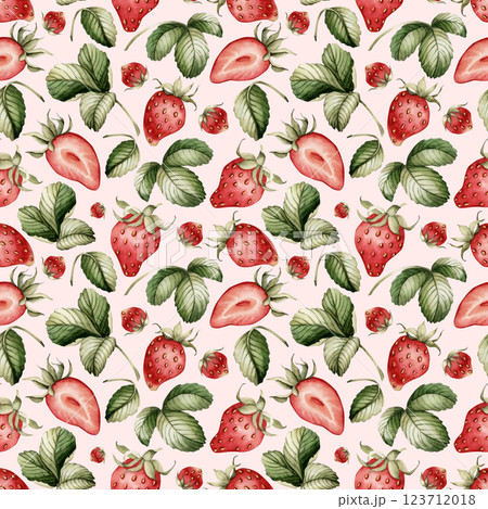 Strawberry with leaves. Watercolor food floral seamless pattern on pale pink background with garden berry for delicious summer fabric, kitchen table textile, cute wrapping paper, food cosmetic package 123712018