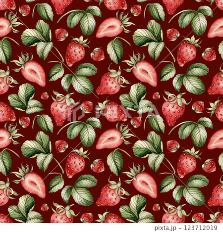 Strawberry with leaves. Watercolor food floral seamless pattern on dark burgundy background with garden berry for delicious summer fabric, kitchen table textile, cute wrapping paper, cosmetic package 123712019