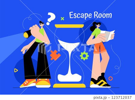 Escape Room Vector Illustration featuring People Solving Puzzles, Searching for Keys, Escaping Traps, and Finding Solutions to Challenging Questions 123712037