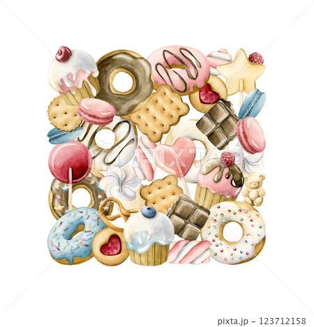 Cute sweet food desserts square arrangement. Watercolor hand painted isolated illustration for confectionery, kids birthday party, delicious poster, card, invitation, yummy package, wrapping paper Cute sweet food desserts square arrangement. Watercolor hand painted isolated illustration for confectionery, kids birthday party, delicious poster, card, invitation, yummy package, wrapping paper 123712158