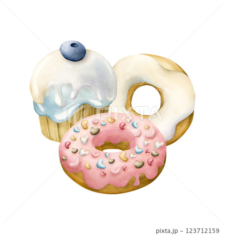 Cute cupcake with blueberry and donuts. Watercolor hand painted food illustration isolated on white background for kids birthday design, baby shower party invitations, nursery children clothes fabric 123712159