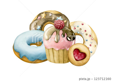 Cute cupcake with raspberry, donuts and cookie arrangement. Watercolor hand painted food illustration isolated on white background for kids birthday, baby shower party, confectionery design nursery 123712160