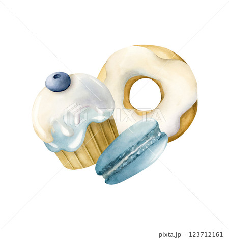 Cute cupcake with blueberry, donut and macaroon. Watercolor hand painted food illustration isolated on white background for kids birthday design, baby shower party invitations, nursery clothes fabric 123712161
