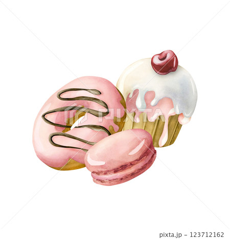 Cute cupcake with cherry, donut and macaroon. Watercolor hand painted food illustration isolated on white background for kids birthday design, baby shower party invitations, nursery clothes fabric Cute cupcake with cherry, donut and macaroon. Watercolor hand painted food illustration isolated on white background for kids birthday design, baby shower party invitations, nursery clothes fabric 123712162