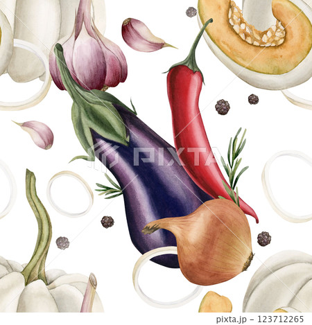 Eggplant, red chili pepper, onion, pumpkin and garlic. Fresh vegetables. Watercolor food seamless pattern on white background for kitchen table textile, delicious fabric, food package, wrapping paper Eggplant, red chili pepper, onion, pumpkin and garlic. Fresh vegetables. Watercolor food seamless pattern on white background for kitchen table textile, delicious fabric, food package, wrapping paper 123712265