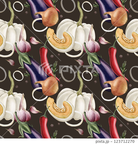 Eggplant, red chili pepper, onion, pumpkin and garlic. Fresh vegetables. Watercolor food seamless pattern on dark background for kitchen table textile, delicious fabric, food package, wrapping paper 123712270
