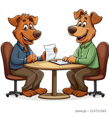 Two cartoon dogs discussing report at meeting table, showcasing teamwork and collaboration 123712385