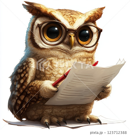 Nerdy owl reviewing document with red pen, showcasing serious expression 123712388