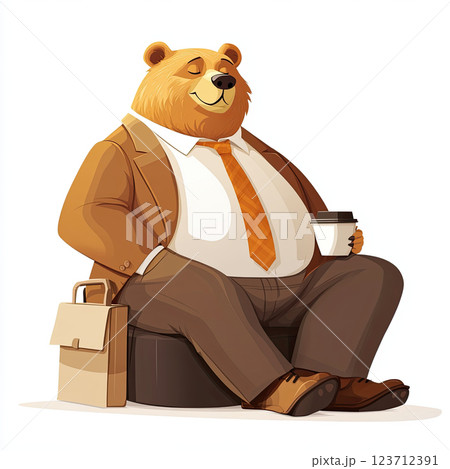 Relaxed bear in suit enjoying coffee break, exuding calmness and comfort 123712391