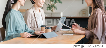 書類・資料を見ながら会議・ミーティング・打ち合わせするアジア人女性・ビジネスウーマン(営業・企画) 書類・資料を見ながら会議・ミーティング・打ち合わせするアジア人女性・ビジネスウーマン(営業・企画) 123712561