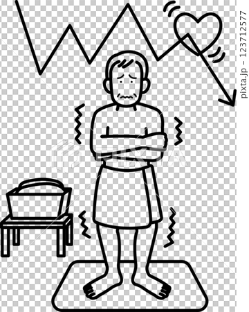 脱衣所でヒートショックになる高齢男性のイラスト　線画のみ 123712577