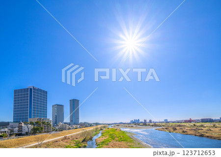 日本の東京都市景観3月7日…多摩川や川崎・武蔵小杉駅前のタワーマンション群など望む＝令和7年 123712653