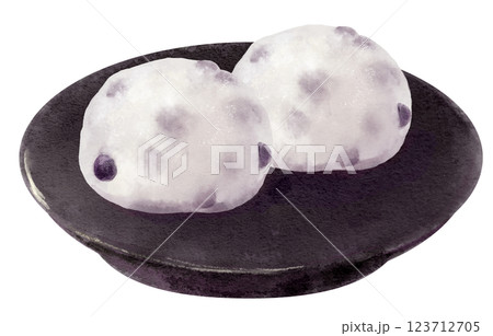 お皿に乗った豆大福の水彩イラスト 123712705