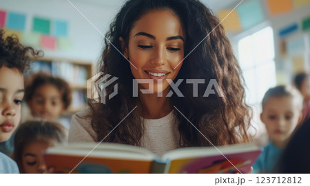 Teacher reading a book to a diverse group of preschool children in a classroom setting. Concepts of early childhood education, literacy, and learning 123712812