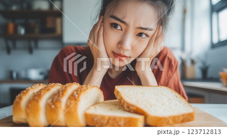 Young Asian woman looking at bread with a worried expression, concept for gluten intolerance, celiac disease, or dieting. 123712813