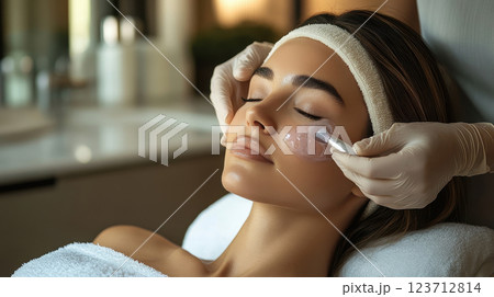 Facial treatment, skincare for a glowing complexion. Woman enjoying facial at spa salon. Beautician applying beauty mask on a young woman's face with a brush 123712814