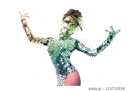 Dancer showcases vibrant performance in shiny, reflective outfit at event 123712838