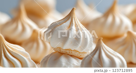 Crispy golden meringue cookies with delicate swirl and airy texture 123712895