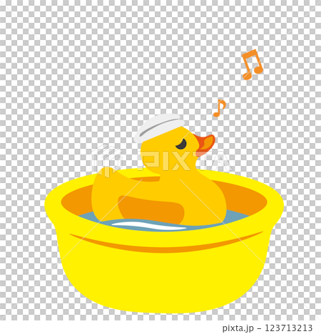 湯桶のお風呂に入ってくつろぐ、あひるのおもちゃのイラスト 123713213