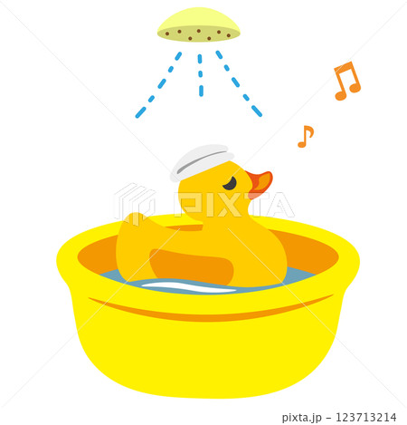 湯桶に入りシャワーを浴びる、あひるのおもちゃのイラスト 湯桶に入りシャワーを浴びる、あひるのおもちゃのイラスト 123713214
